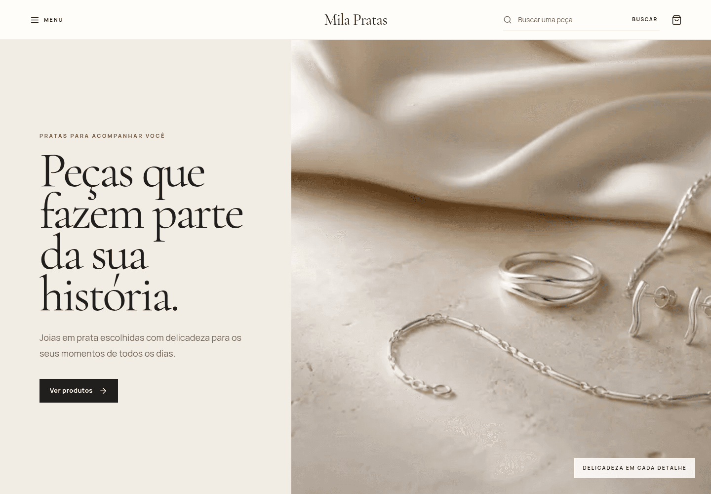 Página inicial da Mila Prata, com joias em fotografia editorial